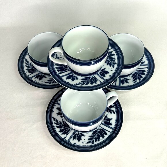 Vintage Dansk Ceylon Blue White Ceramic Tea/Coffee Cups Saucers Set 4 Portugal - Picture 5 of 9